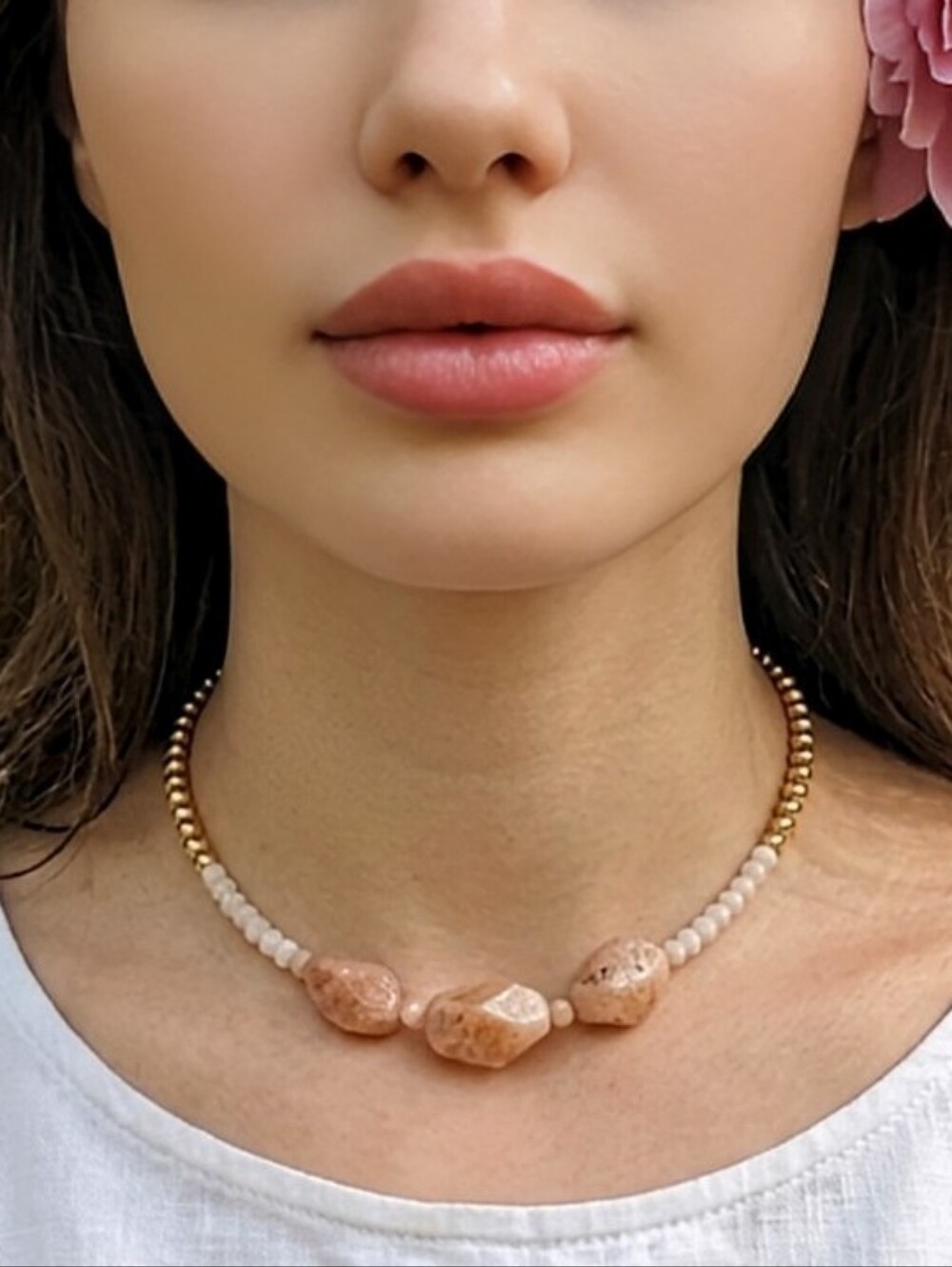 Natural Large Morganite Nugget & Beads With Gold Beads In Choker/Necklace